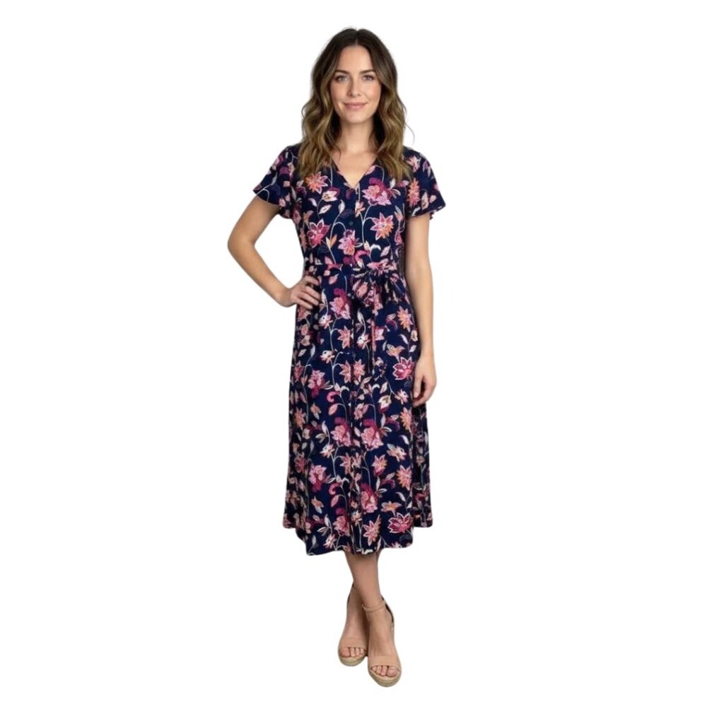 Loft NWT Floral Tie Waist Dress Navy Blue & Pink 10 Spring Romantic Button Front